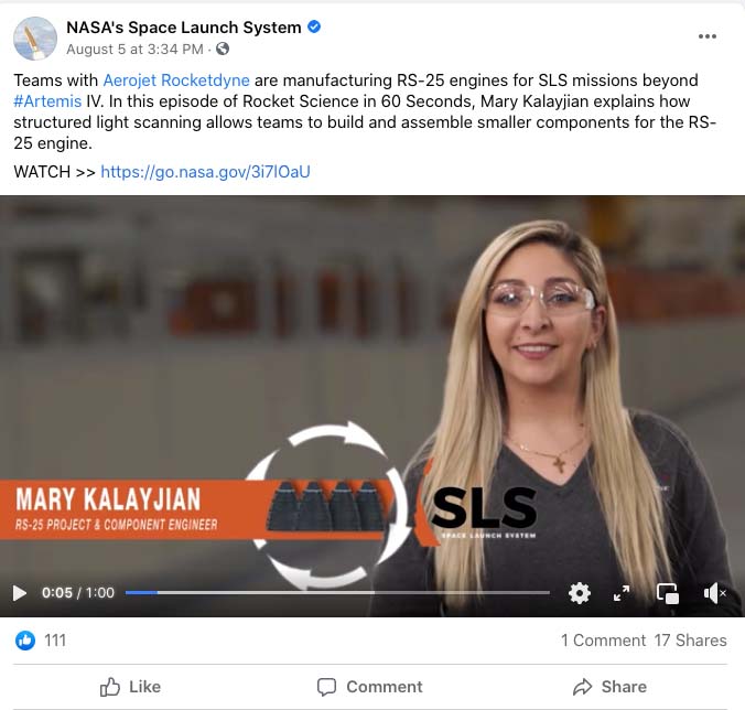 A post from the NASA's Space Launch System Facebook page featuring an episode of the Rocket Science in 60 seconds video series