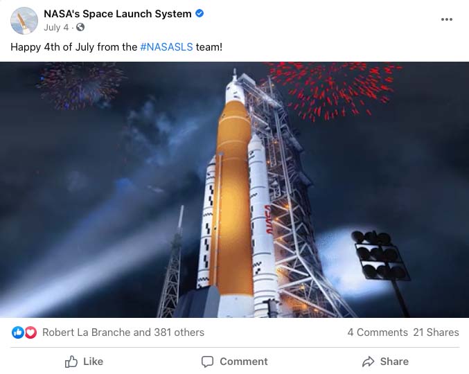A post from the NASA's Space Launch System Facebook page featuring a 3D render of the rocket